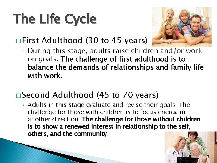 The Life Cycle � First Adulthood (30 to 45 years) ◦ During this stage,