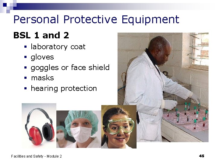 Personal Protective Equipment BSL 1 and 2 § § § laboratory coat gloves goggles