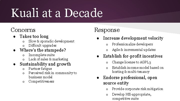Kuali at a Decade Concerns ● Takes too long o o Slow & sporadic