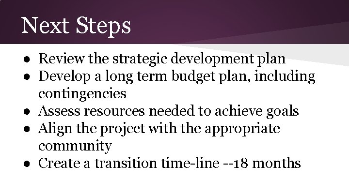 Next Steps ● Review the strategic development plan ● Develop a long term budget