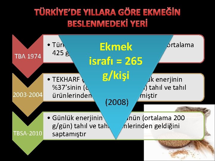 TÜRKİYE’DE YILLARA GÖRE EKMEĞİN BESLENMEDEKİ YERİ • Türk halkı; günlük enerjinin %44’ünü (ortalama Ekmek