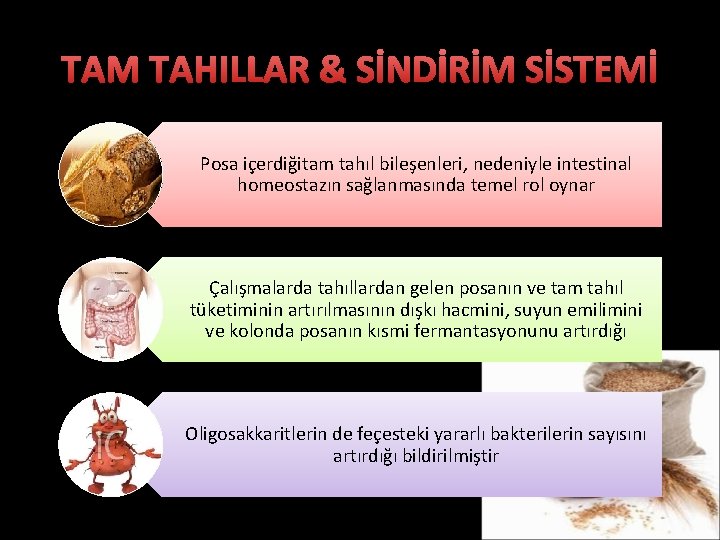 TAM TAHILLAR & SİNDİRİM SİSTEMİ Posa içerdiğitam tahıl bileşenleri, nedeniyle intestinal homeostazın sağlanmasında temel