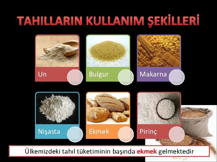 TAHILLARIN KULLANIM ŞEKİLLERİ Un Bulgur Makarna Nişasta Ekmek Pirinç Ülkemizdeki tahıl tüketiminin başında ekmek