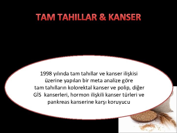 TAM TAHILLAR & KANSER Çalışmalarda tam tahıl tüketiminin bazı gastrointestinal sistem kanserlerinin görülme riskini