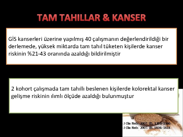 TAM TAHILLAR & KANSER GİS kanserleri üzerine yapılmış 40 çalışmanın değerlendirildiği bir derlemede, yüksek