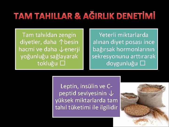 TAM TAHILLAR & AĞIRLIK DENETİMİ Tam tahıldan zengin diyetler, daha ↑besin hacmi ve daha