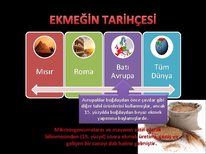 EKMEĞİN TARİHÇESİ Mısır Roma Batı Avrupa Tüm Dünya Avrupalılar buğdaydan önce çavdar gibi diğer