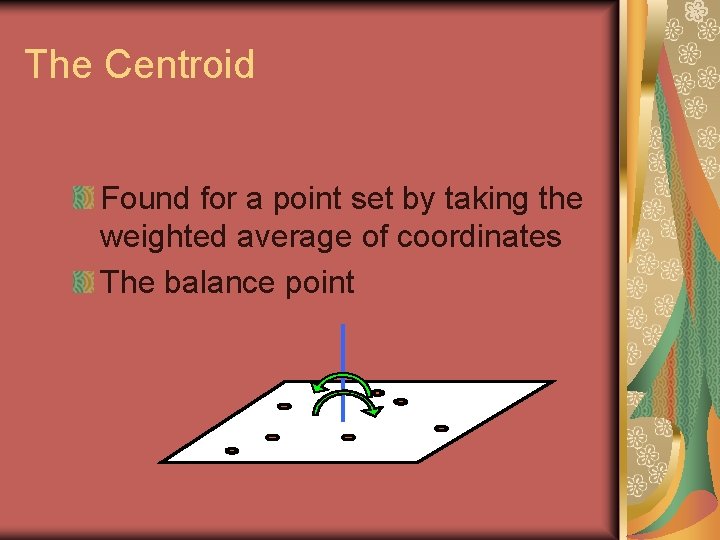 The Centroid Found for a point set by taking the weighted average of coordinates