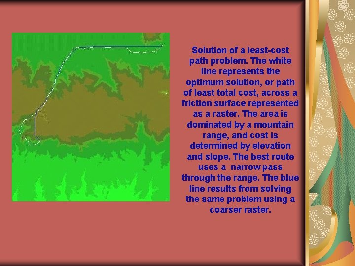 Solution of a least-cost path problem. The white line represents the optimum solution, or