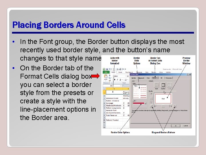Placing Borders Around Cells • In the Font group, the Border button displays the