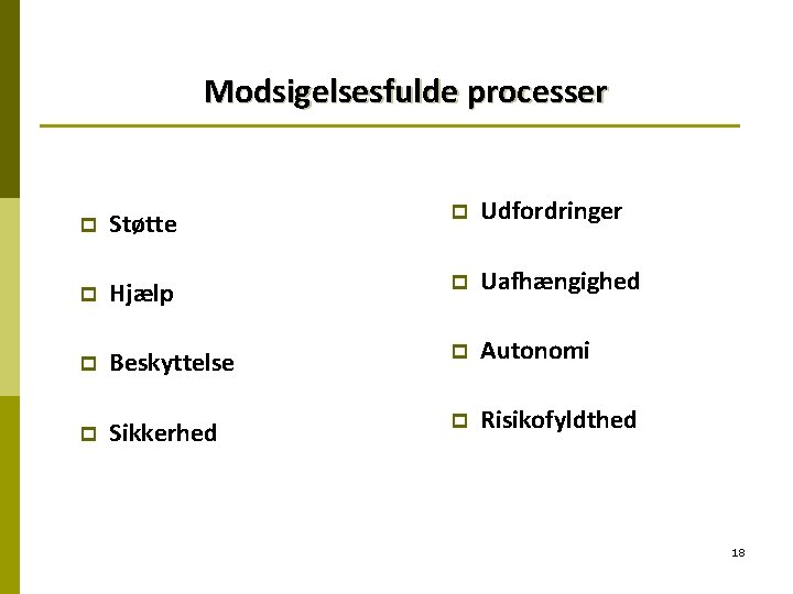 Modsigelsesfulde processer p Støtte p Udfordringer p Hjælp p Uafhængighed p Beskyttelse p Autonomi