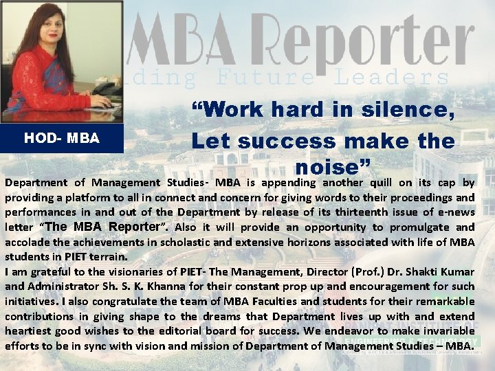 HOD- MBA “Work hard in silence, Let success make the noise” Department of Management