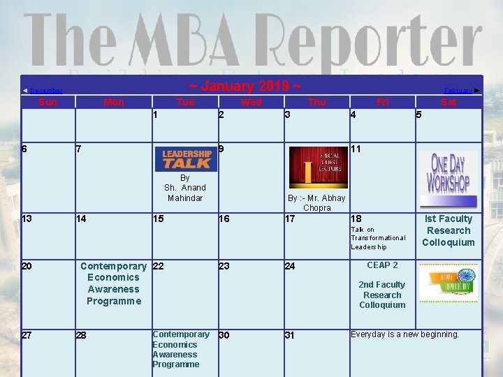~ January 2019 ~ ◄ December Sun 6 Mon 7 Tue Wed 1 2