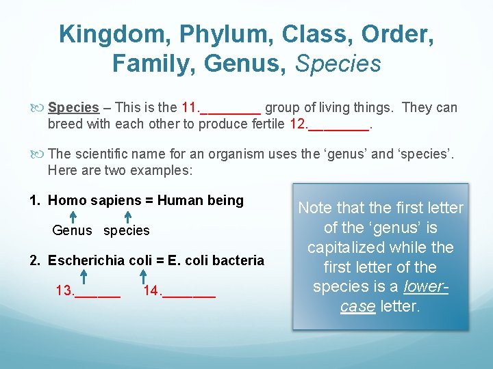 Kingdom, Phylum, Class, Order, Family, Genus, Species – This is the 11. ____ group Kingdom, Phylum, Class, Order, Family, Genus, Species – This is the 11. ____ group