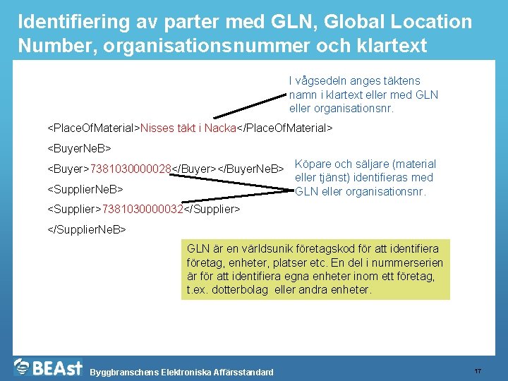 Identifiering av parter med GLN, Global Location Number, organisationsnummer och klartext I vågsedeln anges