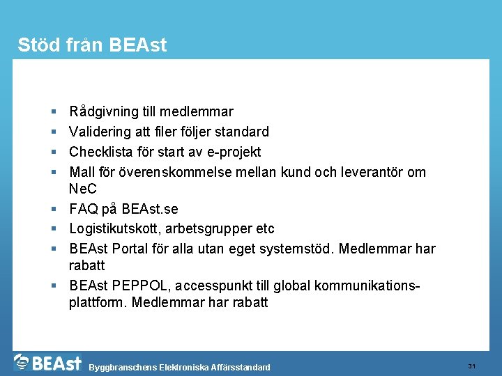 Stöd från BEAst § § § § Rådgivning till medlemmar Validering att filer följer