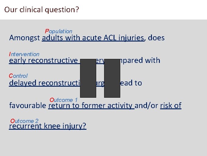 Our clinical question? Population Amongst adults with acute ACL injuries, does Intervention early reconstructive