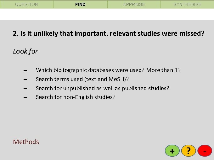 QUESTION FIND APPRAISE SYNTHESISE 2. Is it unlikely that important, relevant studies were missed?