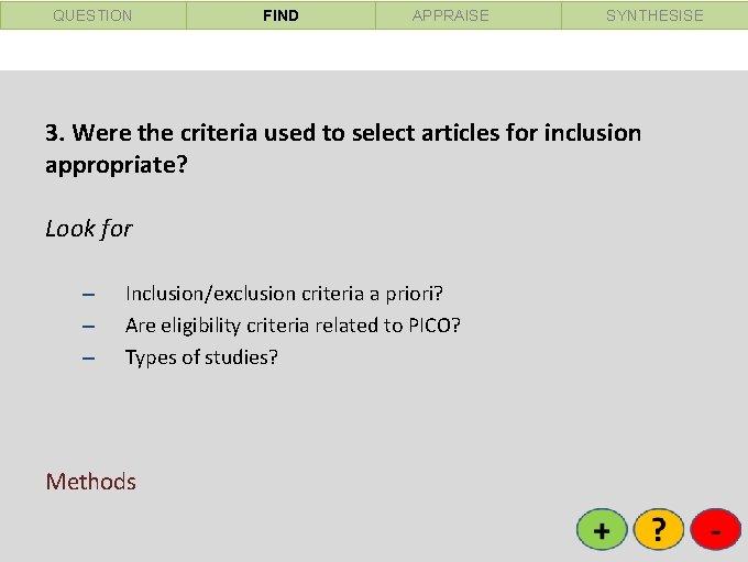 QUESTION FIND APPRAISE SYNTHESISE 3. Were the criteria used to select articles for inclusion