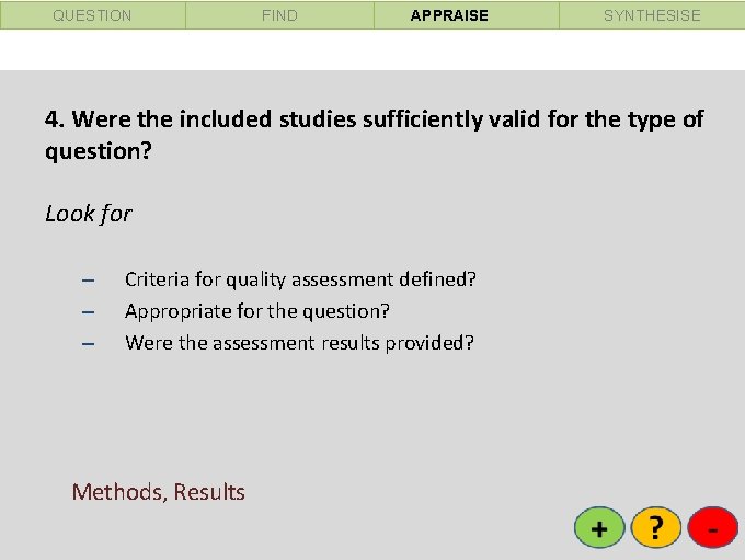 QUESTION FIND APPRAISE SYNTHESISE 4. Were the included studies sufficiently valid for the type