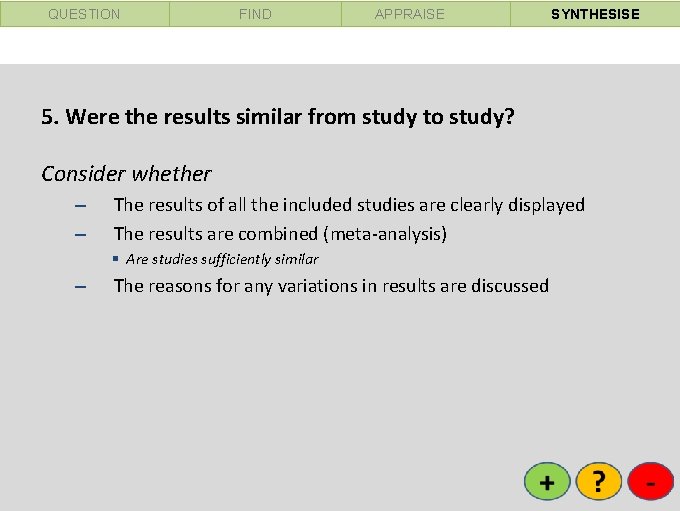 QUESTION FIND APPRAISE SYNTHESISE 5. Were the results similar from study to study? Consider