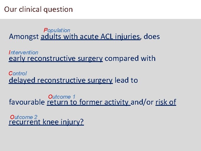 Our clinical question Population Amongst adults with acute ACL injuries, does Intervention early reconstructive