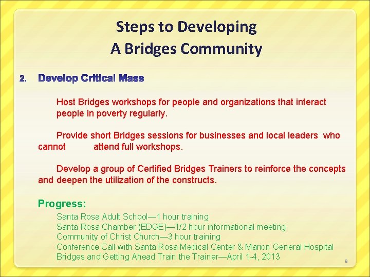 Steps to Developing A Bridges Community Host Bridges workshops for people and organizations that