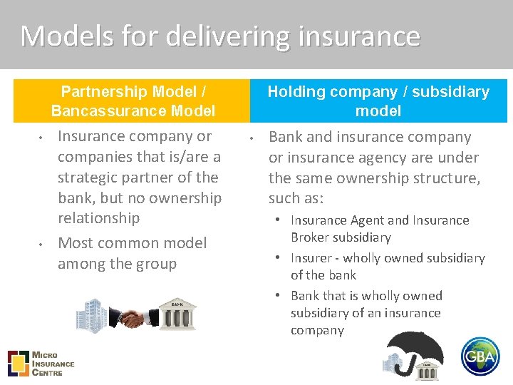 Models for delivering insurance Partnership Model / Bancassurance Model • • Insurance company or