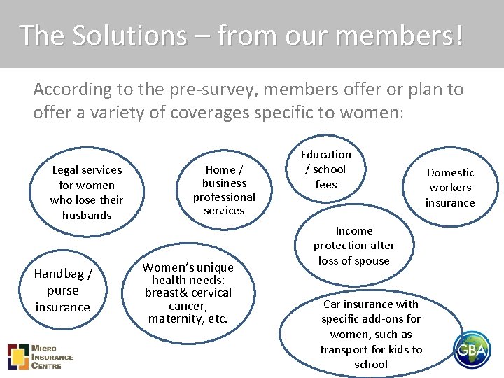 The Solutions – from our members! According to the pre-survey, members offer or plan