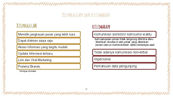 Keunggulan dan kelemahan Keunggula. N kelemahan Memiliki jangkauan pasar yang lebih luas. Komunikasi asinkron/