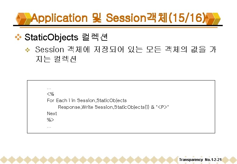 Application 및 Session객체(15/16) v Static. Objects 컬렉션 v Session 객체에 저장되어 있는 모든 객체의