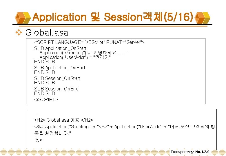 Application 및 Session객체(5/16) v Global. asa <SCRIPT LANGUAGE="VBScript" RUNAT="Server"> SUB Application_On. Start Application("Greeting") =