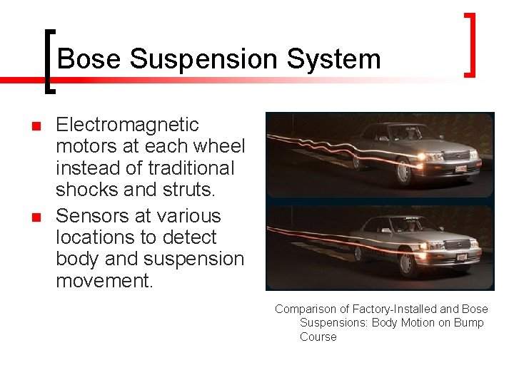 Bose Suspension System n n Electromagnetic motors at each wheel instead of traditional shocks