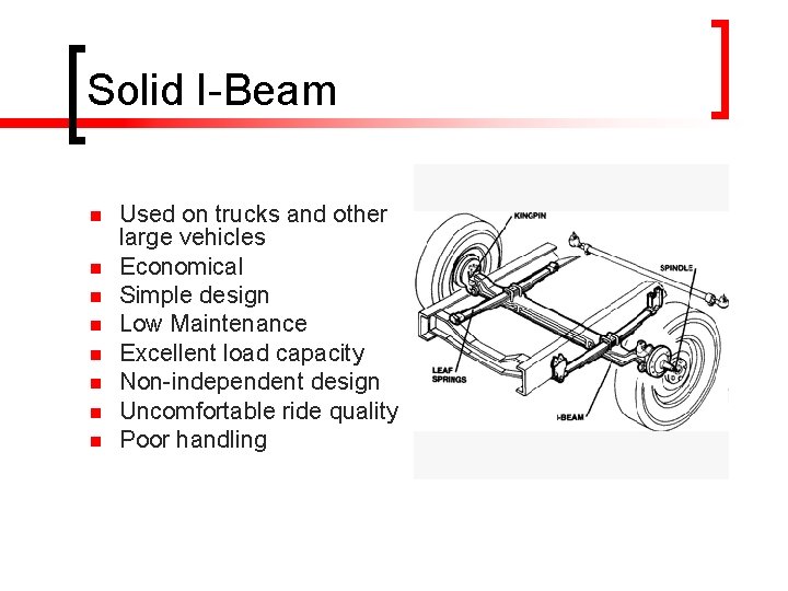 Solid I-Beam n n n n Used on trucks and other large vehicles Economical