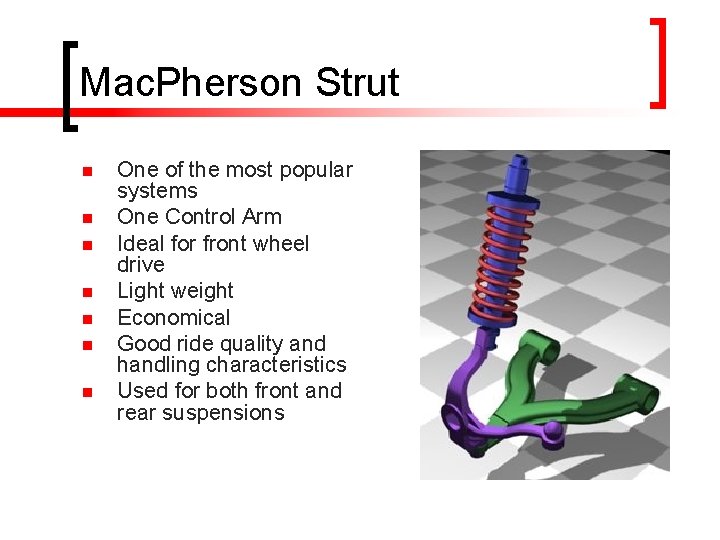 Mac. Pherson Strut n n n n One of the most popular systems One