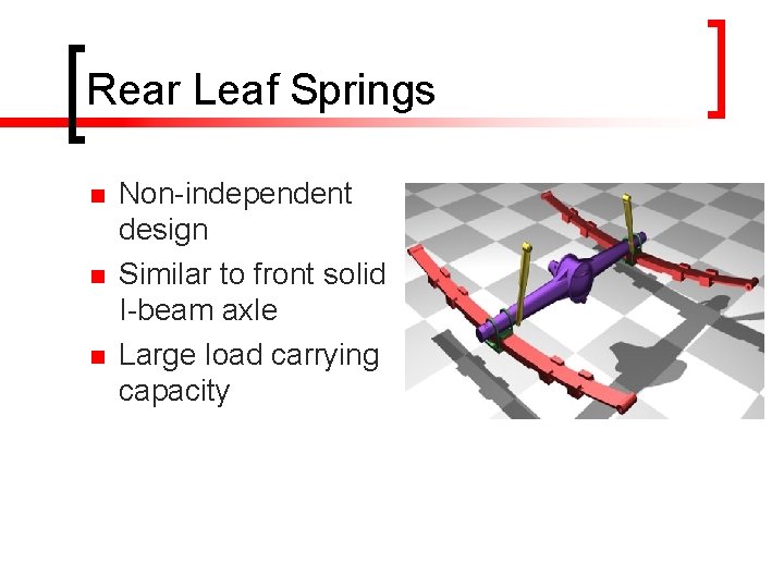 Rear Leaf Springs n n n Non-independent design Similar to front solid I-beam axle