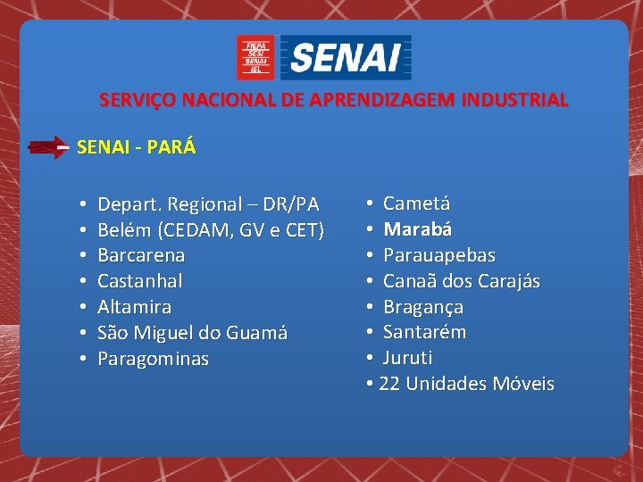 SERVIÇO NACIONAL DE APRENDIZAGEM INDUSTRIAL SENAI - PARÁ • • Depart. Regional – DR/PA