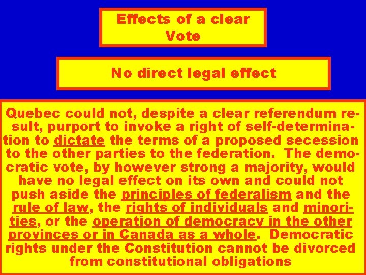 Effects of a clear Vote No direct legal effect Quebec could not, despite a