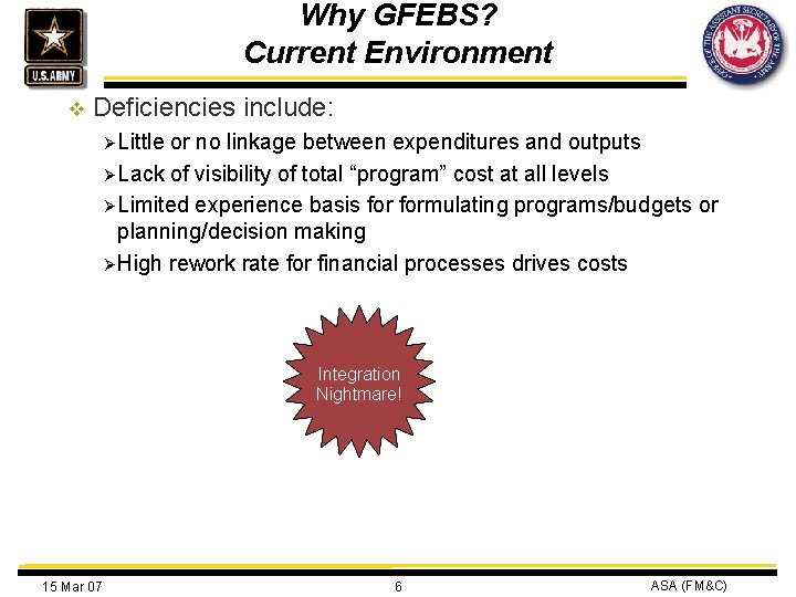 Why GFEBS? Current Environment v Deficiencies include: Ø Little or no linkage between expenditures