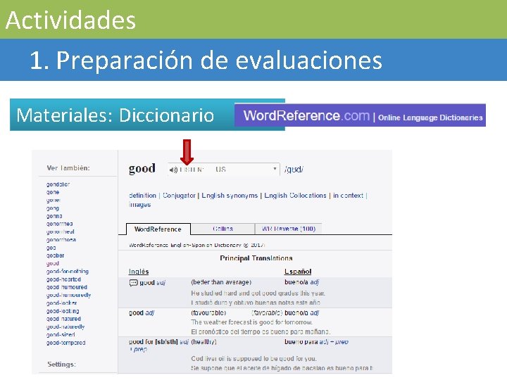 Actividades 1. Preparación de evaluaciones Materiales: Diccionario 