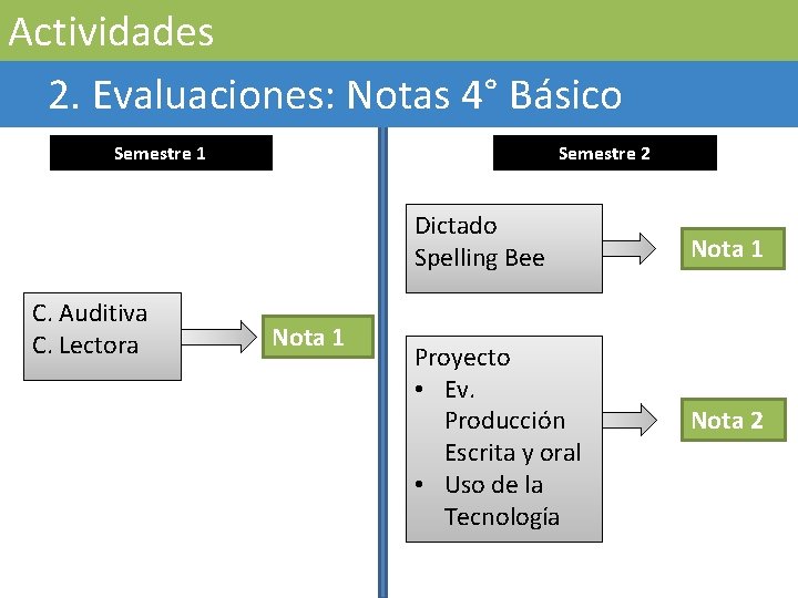 Actividades 2. Evaluaciones: Notas 4° Básico Semestre 2 Semestre 1 Dictado Spelling Bee C.