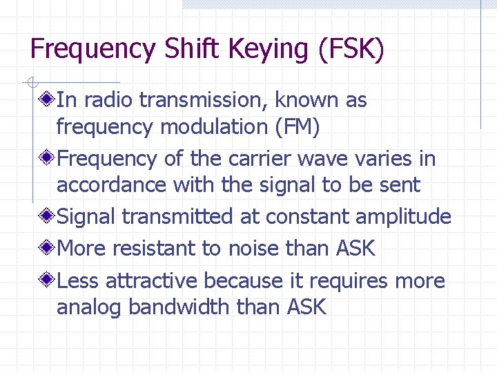 Frequency Shift Keying (FSK) In radio transmission, known as frequency modulation (FM) Frequency of