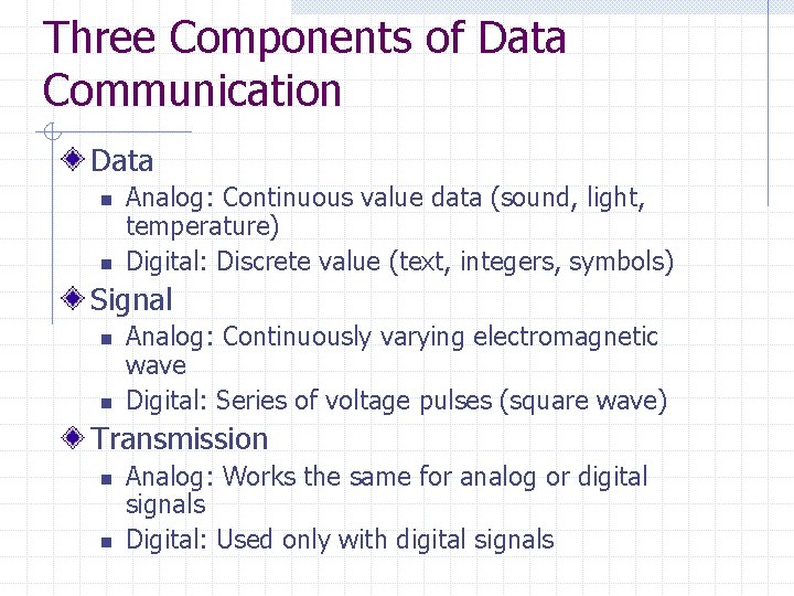 Three Components of Data Communication Data n n Analog: Continuous value data (sound, light,