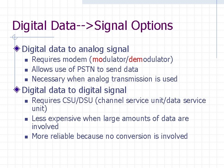 Digital Data-->Signal Options Digital data to analog signal n n n Requires modem (modulator/demodulator)