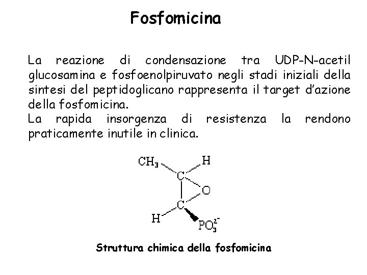 Fosfomicina La reazione di condensazione tra UDP-N-acetil glucosamina e fosfoenolpiruvato negli stadi iniziali della