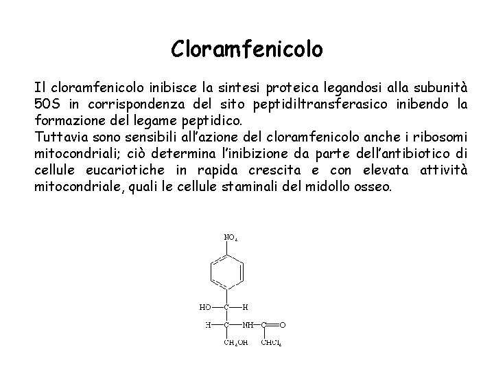 Cloramfenicolo Il cloramfenicolo inibisce la sintesi proteica legandosi alla subunità 50 S in corrispondenza