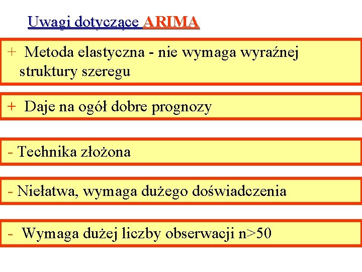 Uwagi dotyczące ARIMA + Metoda elastyczna - nie wymaga wyraźnej struktury szeregu + Daje