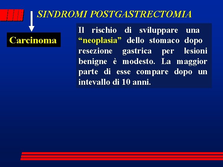 SINDROMI POSTGASTRECTOMIA Carcinoma Il rischio di sviluppare una “neoplasia” dello stomaco dopo resezione gastrica