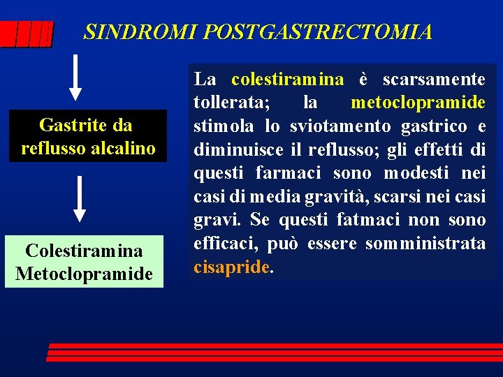 SINDROMI POSTGASTRECTOMIA Gastrite da reflusso alcalino Colestiramina Metoclopramide La colestiramina è scarsamente tollerata; la