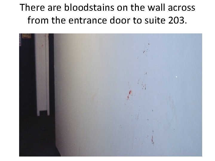 There are bloodstains on the wall across from the entrance door to suite 203.